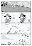 2021 4_fingers absurd_res anthro backpack base_four_layout blockage_(layout) car cedric_feldmann clothed clothing comic dialogue duo english_text eyewear fingers five_frame_image four_row_layout fur glasses hair hat headgear headwear hi_res horizontal_blockage human male mammal monochrome mouth_closed open_mouth outside pawpads road shirt snout solo speech_bubble standing text topwear vehicle walking