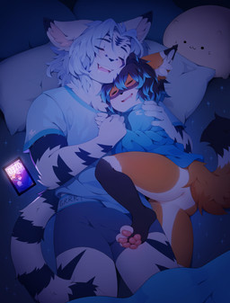 anthro anus balls barely_visible_balls barely_visible_genitalia bed bedding bent_leg blanket blush bodily_fluids bottomless bulge butt clothed clothing cuddling drooling duo electronics eyes_closed fangs furniture genitals inner_ear_fluff lying male male/male medium_hair night on_back on_bed on_side open_mouth pantsless pawpads phone pillow pink_pawpads saliva shirt size_difference sleeping sleeping_together tail teeth topwear tuft underwear coff canid canine felid feline fox mammal absurd_res colored digital_drawing_(artwork) digital_media_(artwork) hi_res shaded