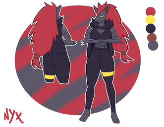 anthro clothing female front_view hair long_hair muscular muscular_female rear_view red_hair simple_background simple_eyes smile solo standing yellow_eyes sunsunart18 nintendo pokemon generation_5_pokemon pokemon_(species) zoroark 2025 colored digital_media_(artwork) full-length_portrait hi_res model_sheet portrait shaded simple_shading