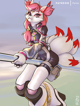 anthro armor bodysuit clothed clothing female fully_clothed fur greaves hair inner_ear_fluff looking_at_viewer outside pink_hair sitting skinsuit solo tail three-quarter_view tight_clothing tuft white_body white_fur conditional_dnp pyriax epic_games fortnite kimiko_five-tails canid canine fox mammal 2026 3:4