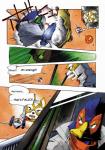 2002 anthro avian bird canid canine clothing comic dialogue english_text falco_lombardi fox fox_mccloud group male mammal nintendo official_art shigehisa_nakaue star_fox text