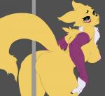 anthro big_breasts breasts butt chest_tuft claws clothing dancing female fur gloves grey_background handwear looking_back mostly_nude nipples pole pole_dancing side_boob simple_background solo stripper stripper_pole teeth tuft yellow_body yellow_fur galactic-overlord bandai_namco digimon canid canine digimon_(species) mammal renamon