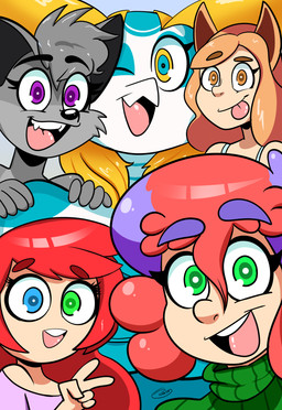 anthro black_eyebrows blonde_eyebrows blonde_hair blue_eyes brown_eyebrows brown_eyes brown_hair clothing eyebrows female fur gesture green_eyes grey_body grey_fur group hair hand_gesture hand_on_shoulder heterochromia looking_at_viewer markings multicolored_hair one_eye_closed open_mouth purple_eyebrows purple_hair red_eyebrows red_hair selfie shirt smile sweater t-shirt tank_top teeth_showing tongue tongue_out topwear turtleneck v_sign white_body yellow_eyes penken mythology aijou canid canine canis dragon human hybrid jou mammal mythological_creature mythological_scalie scalie wolf 2018 character_request digital_drawing_(artwork) digital_media_(artwork) hi_res