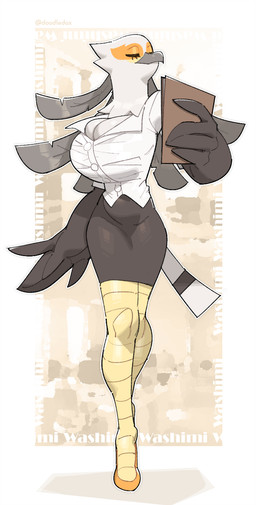 anthro beak big_breasts black_body black_bottomwear black_clothing black_feathers black_skirt bottomwear breasts button_(fastener) cleavage clothed clothing collared_shirt dress_shirt eyelashes eyes_closed feather_hair feather_hands feathers female folder footwear long_legs multicolored_body multicolored_feathers pencil_skirt pseudo_hair shirt skirt small_waist solo straining_buttons strutting tail tail_feathers text tight_clothing tight_shirt tight_topwear topwear white_body white_dress_shirt white_feathers yellow_clothing yellow_footwear doodledox aggretsuko sanrio secretary_washimi accipitriform avian bird secretary_bird 2025 character_name hi_res