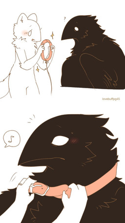 anthro bar_emanata biped black_body black_feathers black_wings blush collar digit_ring duo emanata empty_eyes feathers fur holding_object jewelry looking_at_object male musical_symbol question_mark realization ring romantic romantic_couple simple_background sparkles submissive submissive_male symbol tail text wearing_collar wedding_ring white_background white_body white_eyes white_fur white_tail wings lovebuffpg45 karagarasu_(pegu2726) tarte_(pegu2726) avian felid feline mammal artist_name digital_drawing_(artwork) digital_media_(artwork) hi_res pictographics female_(lore)