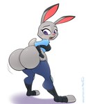 2023 absurd_res anthro artist_name big_butt breasts buckteeth butt clothing disney female fur grey_body grey_fur grey_hair hair hi_res huge_butt hyperflannel judy_hopps lagomorph leporid looking_at_own_butt looking_back looking_down mammal mooning motion_lines open_mouth pink_nose presenting presenting_hindquarters pulling_up_pants purple_eyes rabbit scut_tail shaking_butt short_tail solo tail teeth thick_thighs toeless_legwear wide_hips zootopia