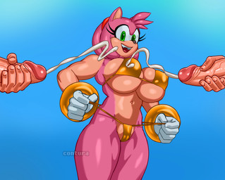accessory anthro big_breasts big_penis bikini bikini_thong blue_background bodily_fluids bracelet breasts bukkake camel_toe clothing clothing_pull cum cumshot ejaculation eyelashes female genital_fluids genitals gloves gold_bikini green_eyes group hair_accessory hairband handwear jewelry male male/female masturbation penis pink_body simple_background smile string_bikini swimwear tan_body tan_skin trio two-piece_swimsuit underwear underwear_pull vulva conturagray sega sonic_the_hedgehog_(series) amy_rose eulipotyphlan hedgehog human mammal hi_res