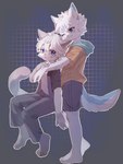 4_fingers 4_toes anthro barefoot biped clothing duo feet fingers hug kemono looking_at_viewer male male/male open_mouth simple_background toes white_body ningning canid canine felid feline mammal 3:4 hi_res