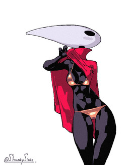 anthro bikini black_body black_eyes blush blush_lines breasts cloak clothed clothing clothing_lift cocked_hip female flashing gold_bikini horn red_cloak red_clothing solo swimwear thigh_gap two-piece_swimsuit shantysixix hollow_knight_(franchise) team_cherry hornet_(hollow_knight) arthropod 2026 hi_res