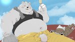 anthro belly big_belly black_nose blush bottomwear bulge clothing cloud duo feral food kemono male outside overweight overweight_male pants popsicle shirt topwear underwear uokkom bear domestic_cat felid feline felis mammal polar_bear ursine 16:9 2025 hi_res widescreen