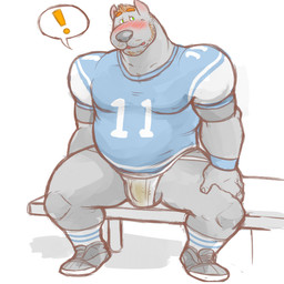 anthro balls beard bench blush clothing dirty_underwear facial_hair football_player footwear genitals green_eyes jockstrap male muscular muscular_anthro muscular_male shoes simple_background sitting socks solo speech_bubble underwear white_background hyenaface canid canine canis domestic_dog mammal 1:1 2015