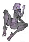 armor breasts camel_toe clothed clothing female headgear helmet not_furry simple_background solo johnfoxart bioware electronic_arts mass_effect tali'zorah alien alien_humanoid humanoid quarian 2022 hi_res