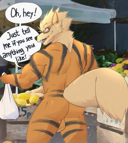 anthro anthrofied backsack balls braces butt clothed clothing dialogue eyewear fluffy fluffy_tail food fur furgonomics genitals glasses looking_back male muscular muscular_anthro muscular_male orange_body orange_fur partially_clothed plant pokemorph shopping smile solo standing striped_body striped_fur stripes tail tent text vegetable exsys nintendo pokemon arthur_"artie"_(exsys) arcanine canid generation_1_pokemon mammal pokemon_(species) english_text hi_res