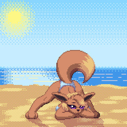 anthro anthrofied ass_up beach bikini breasts brown_body brown_fur clothed clothing day female fur hair jack-o'_pose looking_at_viewer outside pokemorph pose sand sky smile solo sun swimwear tail two-piece_swimsuit water zeka10000 nintendo pokemon eevee generation_1_pokemon pokemon_(species) 1:1 digital_media_(artwork) low_res pixel_(artwork)