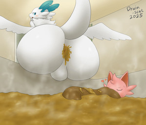 anthro anus balls bathtub big_butt blue_ears blue_eyes butt diarrhea dirty_anus duo excessive_feces eyes_closed feces feces_bath feces_on_body feces_on_ground feces_pile fur genitals hair heart_symbol huge_butt hyper hyper_feces inside looking_at_another male male/male pink_body scatplay sitting tail white_body white_fur wings drain_scat mythology palworld pocketpair cattiva dragon furred_dragon furred_scalie mammal mythological_creature mythological_scalie pal_(species) quivern scalie 2025 absurd_res hi_res