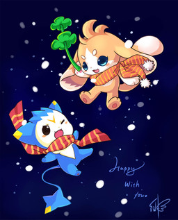ambiguous_gender anthro blue_body blue_eyes blue_fur blush claws clover_(plant) clover_leaf duo four_leaf_clover fur leaf mostly_nude night pawpads paws plant scarf scarf_only sky snow snowflake snowing star starry_sky tail teeth white_body white_fur yellow_body yellow_fur roco_kingdom dimo_(roco_kingdom) unknown_species colored digital_drawing_(artwork) digital_media_(artwork) shaded