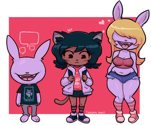 anthro black_clothing black_hair black_shirt black_topwear blonde_hair blush blush_stickers bottomwear breasts brown_body brown_fur clothing crop_top denim denim_bottomwear denim_clothing denim_shorts female footwear fur group hair hair_over_eye heart_symbol jacket jeans legwear looking_down male open_mouth pants pattern_clothing pattern_footwear pattern_legwear pattern_socks purple_body purple_clothing purple_fur purple_jacket purple_topwear red_clothing red_shirt red_topwear shirt shoes shorts simple_background skirt sneakers socks speech_bubble standing striped_clothing striped_footwear striped_socks stripes tail topwear trio wide_hips newtype_hero domestic_cat felid feline felis lagomorph leporid mammal rabbit character_request