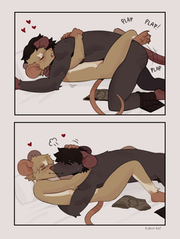 anthro blue_eyes blush bodily_fluids bulge detailed_bulge duo erection from_front_position fur genital_fluids genital_outline grey_body grey_fur happy happy_sex heart_symbol hug intimate kissing lying male male/male male_penetrated male_penetrating male_penetrating_male missionary_position nude_male on_back penetration penis_outline plap sex side_view size_difference smile tan_body tan_fur underwear_on_floor sgguzz mammal mouse murid murine rat rodent 3:4 absurd_res comic hi_res