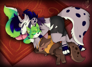 anthro barefoot black_nose blonde_hair brown_body brown_fur carpet claws clothed clothing collar cuddling duo ear_piercing eyes_closed eyeshadow facial_markings fangs feet female fur green_body green_fur grey_body grey_fur hair head_markings inside lying makeup male male/female markings multicolored_body multicolored_fur piercing purple_body purple_fur purple_hair simple_background sleeping teeth torn_clothing two_tone_body two_tone_fur white_body white_fur young e-01 hellaverse helluva_boss hellverse mythology fan_character inclementia zero_one canid canid_demon canine canis demon hellhound mammal mythological_canine mythological_creature wolf zerian_(species) digital_media_(artwork) hi_res mother_(lore) mother_and_child_(lore) mother_and_son_(lore) parent_(lore) parent_and_child_(lore) parent_and_son_(lore) son_(lore)