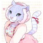 accessory amu_(zyuohger) anthro blue_eyes blush bottomwear breasts clothed clothing countershading doubutsu_sentai_zyuohger felid female fur furgonomics giraffe_(artist) heart_symbol jacket japanese_text kemono leaning leaning_forward leucistic looking_at_viewer mammal pantherine partially_translated pink_nose purple_body purple_fur ribbons skirt solo super_sentai tail tail_accessory tail_ribbon text text_background tiger topwear translation_request whiskers