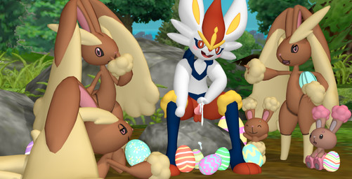 angry animal_genitalia anthro balls blush bodily_fluids cum cum_drip dripping easter_egg egg erection female fur genital_fluids genitals gesture group hand_gesture happy holidays knot male penis pink_penis pointing pointing_at_another rock sitting surprised sirpopmmd easter nintendo pokemon buneary cinderace generation_4_pokemon generation_8_pokemon lopunny mammal pokemon_(species) 3d_(artwork) digital_media_(artwork)