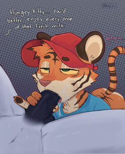 anthro anthro_on_anthro anthro_penetrated anthro_penetrating anthro_penetrating_anthro baseball_cap bdsm black_penis bodily_fluids butt clothing cum cum_in_mouth cum_inside dialogue duo erection fellatio fur furgonomic_hat furgonomic_headwear furgonomics genital_fluids genitals green_eyes half-closed_eyes hat headgear headwear humanoid_genitalia humanoid_penis male male/male male_penetrated male_penetrating male_penetrating_male narrowed_eyes oral orange_body orange_fur penetration penile penis petplay raised_tail roleplay sex shirt t-shirt tail text topwear jakoo_zz felid mammal pantherine tiger english_text hi_res