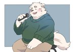 anthro belly big_belly blush bottomwear clothing electronics eyes_closed kemono male microphone overweight overweight_male pants simple_background sitting solo sweater topwear inunoshippo canid canine canis domestic_dog mammal 2024 hi_res