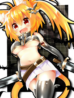 alternative_fashion blush breasts cute_fangs fangs female melee_weapon open_mouth pattern_background simple_background smile solo sword teeth under_boob weapon mofuaki animal_humanoid cat_humanoid felid felid_humanoid feline feline_humanoid humanoid mammal mammal_humanoid 2014 3:4