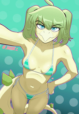 abstract_background ahoge anthro bangs bikini blue_eyes breasts clothed clothing eye_bags eyelashes female front_view glistening glistening_body glistening_scales green_hair hair long_tail looking_at_viewer micro_bikini navel non-mammal_breasts non-mammal_navel pale_body pale_scales pattern_bikini pattern_clothing pattern_swimwear scales selfie side-tie_bikini skimpy skimpy_bikini slim small_breasts smile smiling_at_viewer solo spiked_tail spikes spikes_(anatomy) string_bikini striped_bikini striped_clothing striped_swimwear stripes swimwear tail text twintails_(hairstyle) two-piece_swimsuit seven_(artist) cavemanon_studios snoot_game cynthia_(snoot_game) dinosaur ornithischian prehistoric_species reptile scalie stegosaurian stegosaurus thyreophoran 2025 absurd_res artist_name digital_drawing_(artwork) digital_media_(artwork) hi_res watermark
