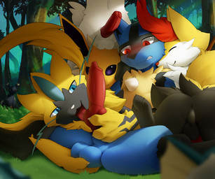 animal_genitalia animal_penis anthro balls blush canine_genitalia canine_penis erection feral forest genitals group knot licking male male/male open_mouth oral penile penis penis_lick plant sex tongue tongue_out tree steel_cat nintendo pokemon braixen canid canine cinderace eeveelution felid feline generation_1_pokemon generation_2_pokemon generation_4_pokemon generation_6_pokemon generation_7_pokemon generation_8_pokemon jolteon lagomorph legendary_pokemon lucario mammal pokemon_(species) umbreon vaporeon zeraora 6:5 hi_res