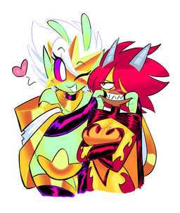 antennae_(anatomy) big_breasts blush breasts brown_body brown_skin cloak clothed clothing curvy_figure duo eyebrows eyewear female finger_in_mouth green_body green_skin hair heart_symbol horn huge_breasts humanoid_pointy_ears leaning leaning_forward legwear mask not_furry one_eye_closed pointy_ears purple_hair purple_sclera sharp_teeth skimpy standing stockings teeth thick_thighs thigh_highs tight_clothing voluptuous white_eyes white_hair wide_hips theguywhodrawsalot sara_(theguywhodrawsalot) valerie_(theguywhodrawsalot) alien alien_humanoid horned_humanoid humanoid hi_res