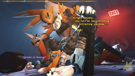 anthro arm_tuft black_nose black_sclera blue_eyes bottomwear breasts camo camo_bottomwear camo_clothing camo_pants camo_print claws clothed clothing dialogue digitigrade dipstick_ears dipstick_tail duo ear_grab ear_markings electronics facial_markings female gun hand_on_ear hat head_markings headgear headphones headwear holding_down holding_ear holding_gun holding_object holding_ranged_weapon holding_weapon looking_at_another lying markings midriff military multicolored_body multicolored_ears neck_tuft on_back onomatopoeia open_mouth outside pants pattern_bottomwear pattern_clothing pattern_pants ranged_weapon shirt shoulder_tuft sitting_on_another small_breasts sound_effects spread_legs spreading tail tail_markings tank_top teeth text toe_claws topwear tuft two_tone_body weapon white_body yellow_body kespr bandai_namco digimon canid digimon_(species) mammal renamon 16:9 3d_(artwork) digital_media_(artwork) english_text hi_res russian_text widescreen
