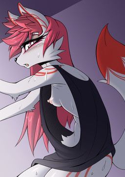 anthro areola blush bodily_fluids breasts butt clothed clothing female fur hair looking_at_viewer nipple_slip nipples open_mouth pink_hair shirt simple_background small_breasts solo tail tank_top topwear mirapony asian_mythology east_asian_mythology epic_games fortnite mythology kimiko_five-tails canid canine fox fox_spirit mammal mythological_creature absurd_res digital_media_(artwork) hi_res