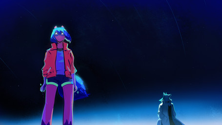 anthro black_nose blue_body blue_eyes blue_fur blue_hair bottomwear clothed clothing collar dolphin_shorts duo facial_markings female fluffy fluffy_tail fur gloves_(marking) hair hand_in_pocket head_markings jacket looking_up male markings mask_(marking) multicolored_body multicolored_fur open_clothing open_jacket open_topwear pockets short_hair shorts sky sparkles standing star tail topwear polinagribova brand_new_animal studio_trigger michiru_kagemori shirou_ogami canid canine canis mammal raccoon_dog tanuki wolf 16:9 2020 hi_res widescreen