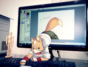 anthro ass_up black_nose bottomwear brown_body brown_fur clothed clothing crawling electronics figurine fur gloves green_bottomwear green_clothing green_eyes handwear jacket keyboard looking_at_viewer male monitor real solo through_screen topwear white_clothing white_topwear redscarf045 nintendo star_fox fox_mccloud canid canine fox mammal hi_res photography_(artwork)