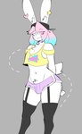 anthro backwards_baseball_cap backwards_hat baseball_cap bell bell_collar biped black_baseball_cap black_clothing black_legwear black_thigh_highs blue_eyes blue_hair bottomwear bulge chest_tuft clothed clothed_anthro clothed_male clothing collar crotch_tuft eye_through_hair eyebrow_through_hair eyebrows eyelashes femboy furgonomic_baseball_cap furgonomic_hat furgonomic_headwear furgonomics hair hat headgear headwear hotpants jingle_bell jingle_bell_collar legwear long_ears looking_aside male midriff multicolored_eyes multicolored_hair navel pink_eyes pink_hair purple_bottomwear purple_clothing purple_hotpants purple_shorts scut_tail short_tail shorts smile solo standing tail thigh_highs topwear translucent translucent_hair tuft two_tone_eyes two_tone_hair yellow_clothing yellow_topwear theycallhimcake pb_(theycallhimcake) lagomorph leporid mallkin mammal rabbit 2024 digital_drawing_(artwork) digital_media_(artwork) english_description hi_res portrait three-quarter_portrait