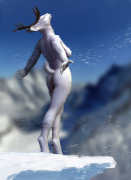 5_fingers anthro antlers biped breasts butt casual_nudity cliff day digitigrade eyes_closed female fingers fur horn leaning leaning_backward mountain nipples nude outside side_boob sky snow solo standing white_body white_fur wind hattonslayden deer mammal new_world_deer reindeer 2014 hi_res