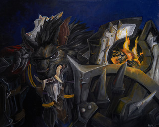 anthro fangs fire male notched_ear shield solo teeth warrior weapon weapon_on_shoulder feodorath blizzard_entertainment warcraft canid mammal werecanid werecreature worgen hi_res oil_painting_(artwork) painting_(artwork) traditional_media_(artwork) traditional_painting_(artwork)