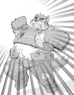 anthro armor belly clothing eyebrows gauntlets gloves handwear male midriff_top overweight solo superhero thick_eyebrows visor inutora08 lifewonders live_a_hero mokdai canid canine canis domestic_dog mammal absurd_res hi_res