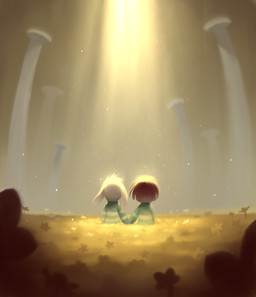 ambiguous_gender anthro brown_hair clothing duo floppy_ears flower fur green_clothing green_sweater green_topwear hair hand_holding light light_beam pattern_clothing pattern_sweater pattern_topwear pillar plant striped_clothing striped_sweater striped_topwear stripes sunbeam sunlight sweater topwear white_body white_fur kakrita undertale undertale_(series) asriel_dreemurr chara_(undertale) boss_monster_(undertale) bovid caprine goat human mammal hi_res