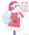 alternate_hairstyle anthro anthrofied bag blue_eyes blue_eyeshadow christmas_clothing christmas_headwear clothing costume dialogue eyelashes eyeshadow female fur hair hat headgear headwear holidays horn looking_at_viewer makeup purple_hair santa_costume santa_hat solo text white_body white_fur lamiaaaa christmas friendship_is_magic hasbro my_little_pony mythology rarity_(mlp) equid equine mammal mythological_creature mythological_equine unicorn 2014 5:6 digital_media_(artwork) english_text hi_res