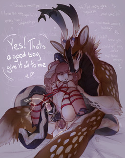 anal anal_penetration anthro balls bdsm bodily_fluids bondage bound cum cum_in_ass cum_inside duo ejaculation fluffy forked_tongue genital_fluids genitals hair horn long_hair male male/male penetration praise praise_kink restraints rope rope_bondage rope_harness scales size_difference tail text tongue belo bovid caprine deer goat hybrid mammal reptile scalie snake absurd_res hi_res