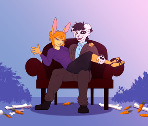 anthro black_bottomwear black_clothing black_skirt blue_clothing blue_eyes blue_shirt blue_topwear bone bottomwear brown_clothing brown_eyes brown_suit carrot clothing duo female food gesture male plant purple_clothing purple_shirt purple_topwear shirt skirt suit thinking_chair_(blue's_clues) topwear vegetable waving fruitlooms jane_kruger jim_kruger canid canine canis dalmatian domestic_dog lagomorph leporid mammal rabbit herm_(lore)