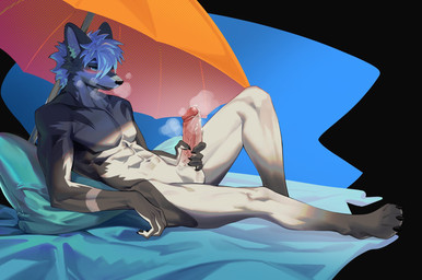 abs anthro athletic athletic_anthro athletic_male balls beach black_nose blue_eyes blush blush_lines bodily_fluids breath claws erection finger_claws fur genital_fluids genitals grey_body grey_fur humanoid_genitalia kemono male masturbation musk nude nude_anthro nude_male penis pointy_ears precum solo umbrella siranuikawu canid canine canis mammal wolf 2024 hi_res