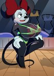 anthro areola big_breasts bikini black_body black_eyes bow_ribbon breasts clothing female gloves handwear huge_breasts on_one_leg open_mouth purple_areola solo standing swimwear two-piece_swimsuit penlink disney minnie_mouse mammal mouse murid murine rodent 2023 absurd_res hi_res