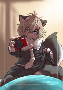 accessory anthro biped black_body black_fur blep blonde_hair blue_eyes blurred_background blush bottomwear camera claws clothed clothing clothing_lift cute_fangs fangs female female_anthro finger_claws flat_chested fluffy fluffy_tail front_view fully_clothed fur hair hair_accessory hairclip holding_camera holding_object inner_ear_fluff inside kemono light loli looking_at_viewer monotone_hair multicolored_body multicolored_fur necktie panties pink_clothing pink_nose pink_panties pink_underwear school_uniform seductive sitting skirt skirt_lift solo tail teeth tongue tongue_out tuft two_tone_body two_tone_fur two_tone_tail underwear uniform whiskers white_body white_fur white_inner_ear young young_anthro young_female koishi_chikasa laika_(koishi_chikasa) canid canine canis domestic_dog mammal absurd_res digital_media_(artwork) hi_res