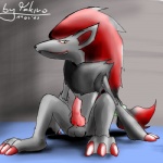 anthro balls biped claws erection genitals green_eyes knot male nude penis sitting smile solo toe_claws takiro_(artist) nintendo pokemon canid canine generation_5_pokemon mammal pokemon_(species) zoroark 1:1 low_res