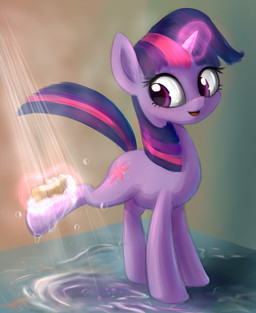 bathing cutie_mark female feral fur hair horn long_hair looking_back magic multicolored_hair open_mouth open_smile purple_body purple_eyes purple_fur purple_hair raised_leg shower smile soap solo sponge two_tone_hair water sokolas friendship_is_magic hasbro my_little_pony mythology twilight_sparkle_(mlp) equid equine mammal mythological_creature mythological_equine unicorn 2013