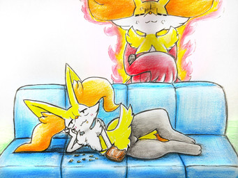 ambiguous_gender angry anthro blush blush_lines cross-popping_vein crossed_arms crumbs crumbs_on_face duo eyes_closed featureless_crotch fire food fur furniture inner_ear_fluff lying multicolored_body on_side orange_body orange_fur paws red_body red_fur simple_background sofa tail tuft white_body white_fur yellow_body yellow_fur eiroru nintendo pokemon braixen canid canine delphox generation_6_pokemon mammal pokemon_(species) 2025 4:3 graphite_(artwork) hi_res traditional_media_(artwork)