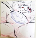 ambiguous_gender animal_skin anthro belly featureless_crotch fur horn looking_at_viewer lying on_back red_eyes slightly_chubby solo striped_body striped_fur stripes tabasukotrr bandai_namco digimon digimon_(species) gabumon traditional_media_(artwork)